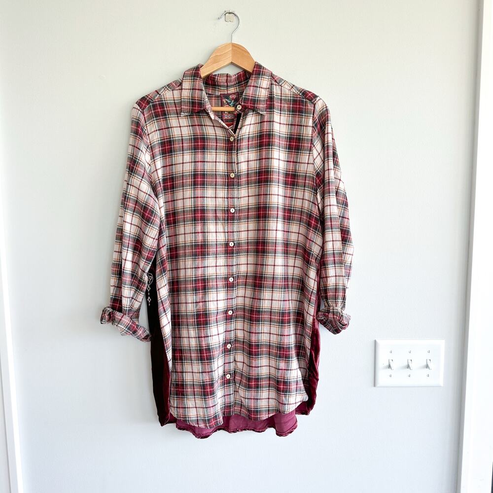 Johnny Was Lorie Plaid Pattern Embroidered Long Sleeve Shirt Red M